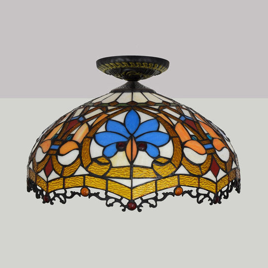 12"/16" W Baroque Scalloped Flush Mount Ceiling Lamp - Handcrafted Stained Glass, 1 Bulb, Black