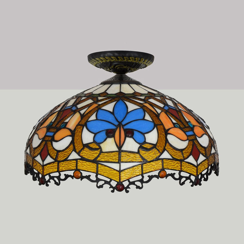 12/16 W Baroque Scalloped Flush Mount Ceiling Lamp - Handcrafted Stained Glass 1 Bulb Black