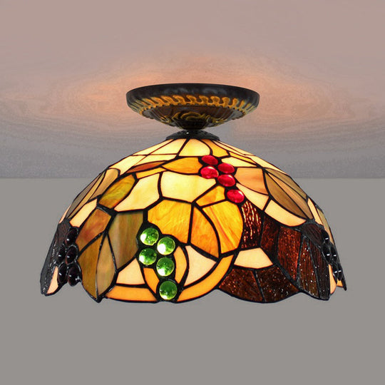 Grape Ceiling Lighting Tiffany Brass Stained Glass Flush Mount Light, 1-Light, 12"/16" Width