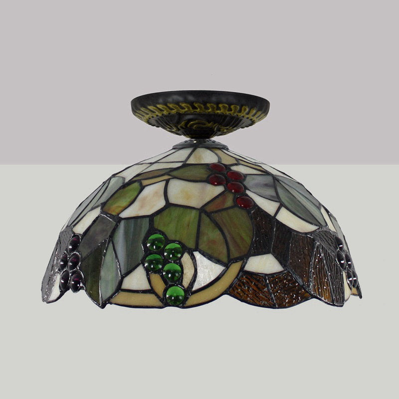 Grape Ceiling Lighting Tiffany Brass Stained Glass Flush Mount Light, 1-Light, 12"/16" Width