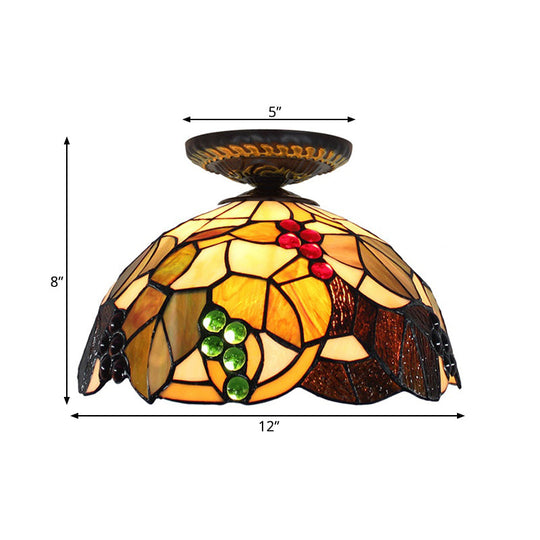 Grape Ceiling Lighting Tiffany Brass Stained Glass Flush Mount Light, 1-Light, 12"/16" Width