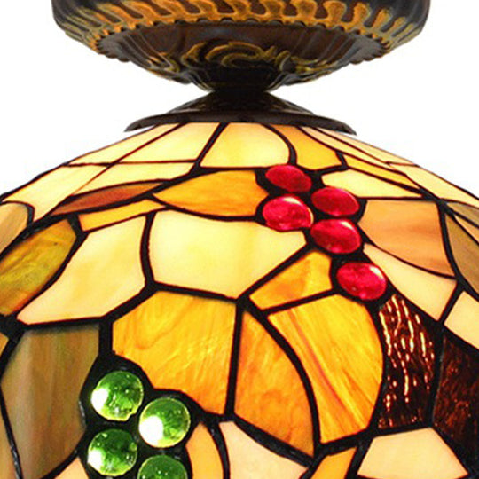 Grape Ceiling Lighting Tiffany Brass Stained Glass Flush Mount Light 1-Light 12/16 Width