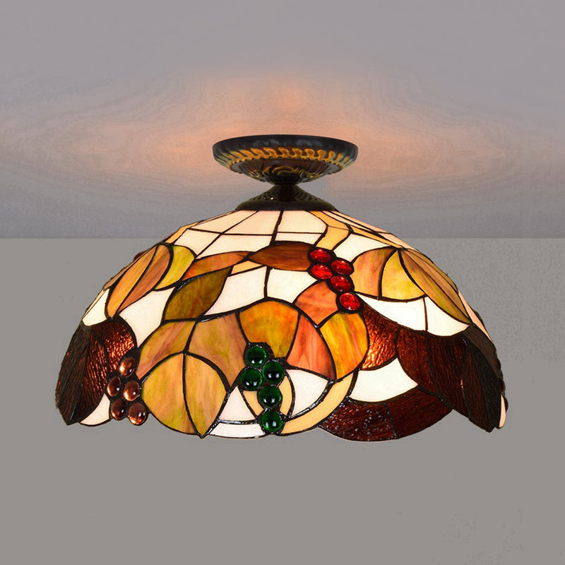 Grape Ceiling Lighting Tiffany Brass Stained Glass Flush Mount Light, 1-Light, 12"/16" Width