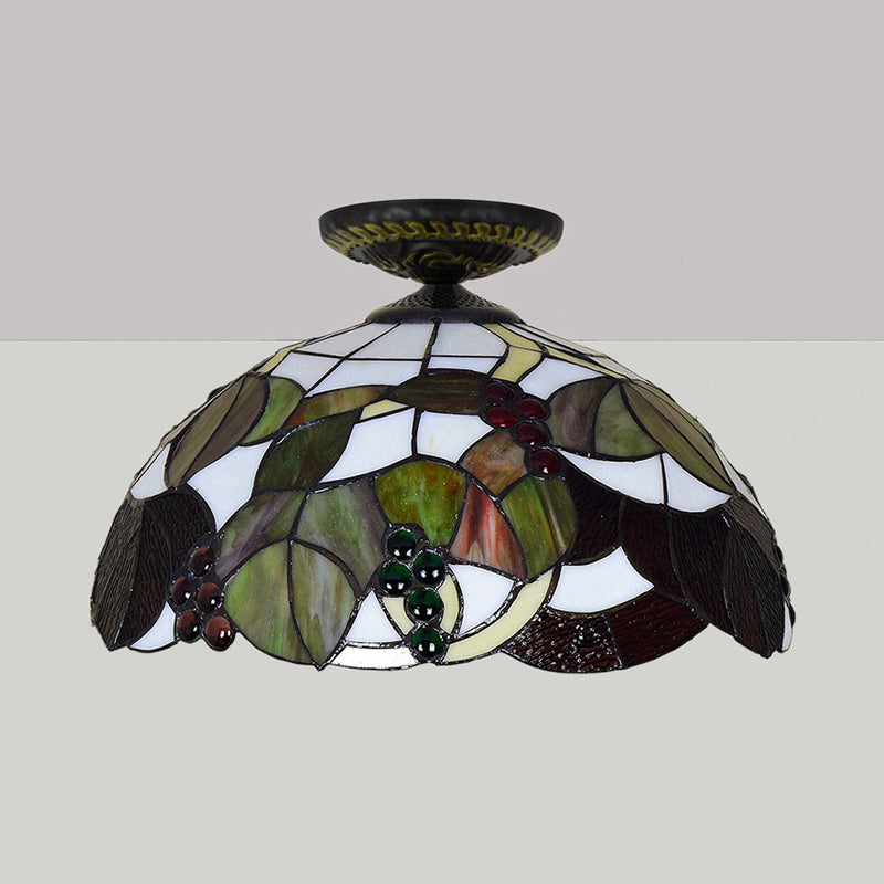 Grape Ceiling Lighting Tiffany Brass Stained Glass Flush Mount Light, 1-Light, 12"/16" Width