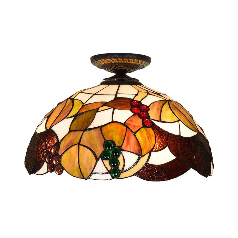 Grape Ceiling Lighting Tiffany Brass Stained Glass Flush Mount Light, 1-Light, 12"/16" Width