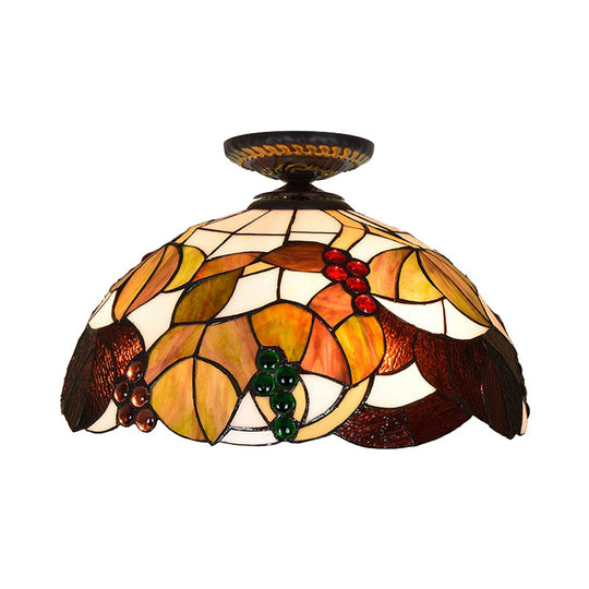 Grape Ceiling Lighting Tiffany Brass Stained Glass Flush Mount Light 1-Light 12/16 Width