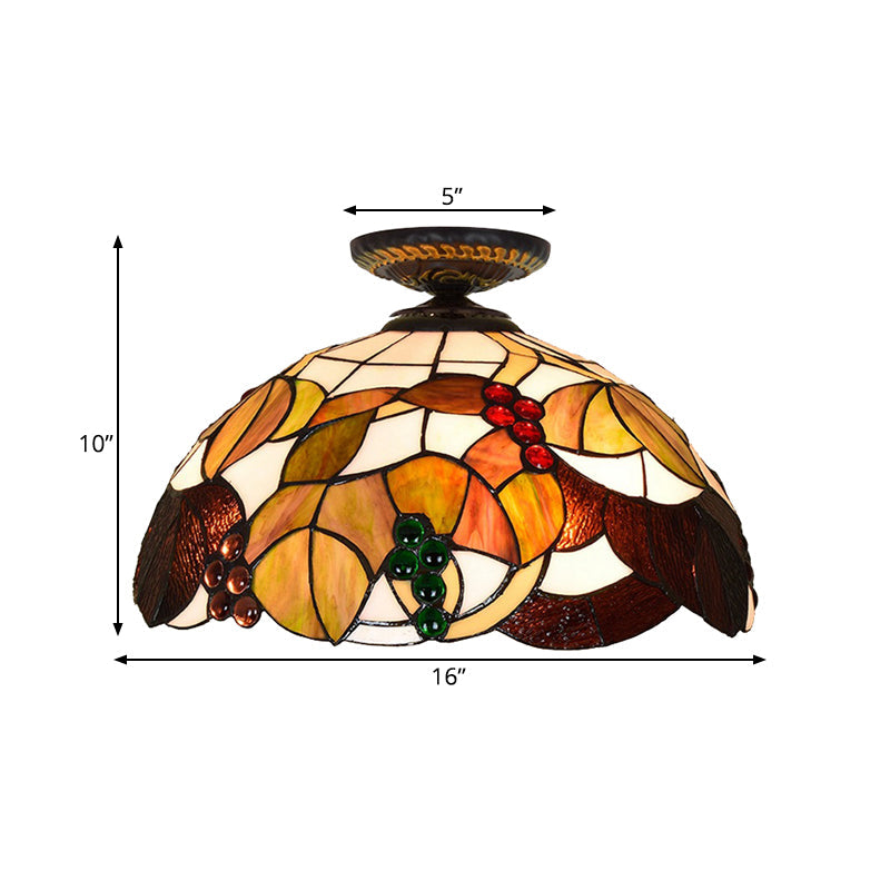 Grape Ceiling Lighting Tiffany Brass Stained Glass Flush Mount Light, 1-Light, 12"/16" Width