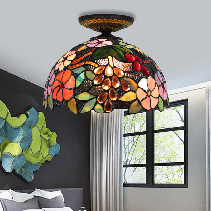 Tiffany 1-Light Stained Glass Blossom Ceiling Lamp- Brass Flushmount, 12"/16" Width