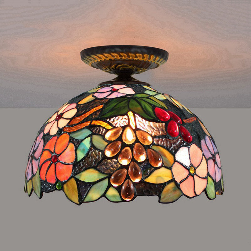 Tiffany 1-Light Stained Glass Blossom Ceiling Lamp- Brass Flushmount, 12"/16" Width