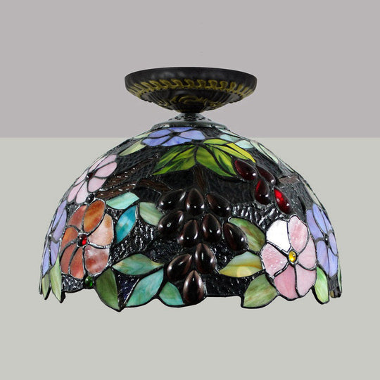 Tiffany 1-Light Stained Glass Blossom Ceiling Lamp- Brass Flushmount, 12"/16" Width