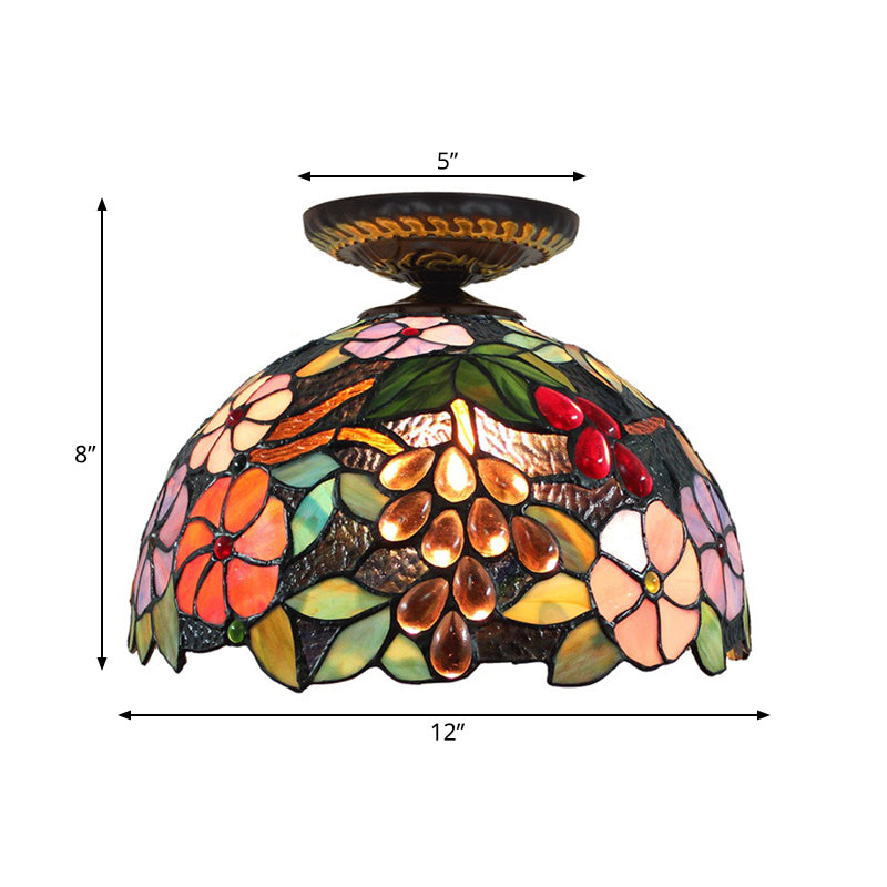 Tiffany 1-Light Stained Glass Blossom Ceiling Lamp- Brass Flushmount, 12"/16" Width