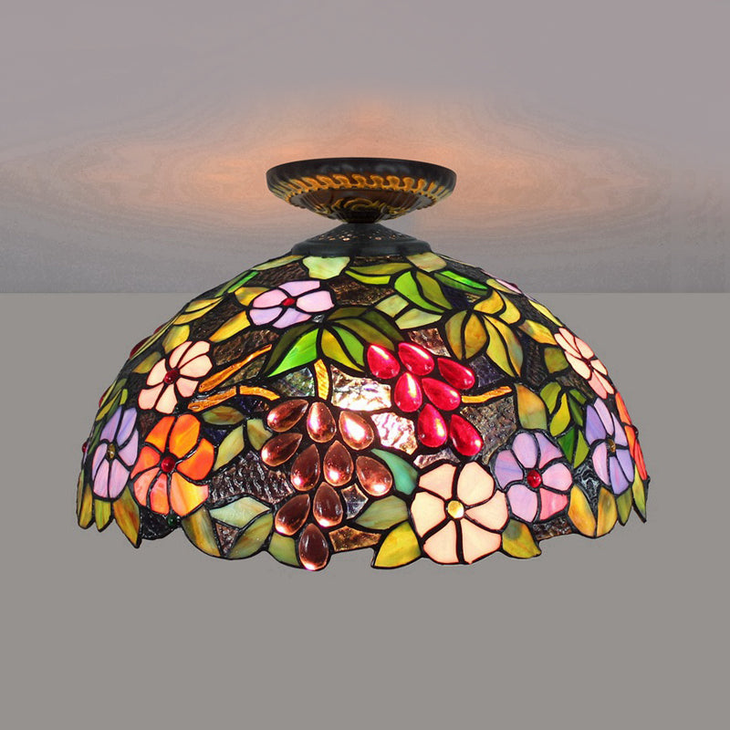 Tiffany 1-Light Stained Glass Blossom Ceiling Lamp- Brass Flushmount, 12"/16" Width