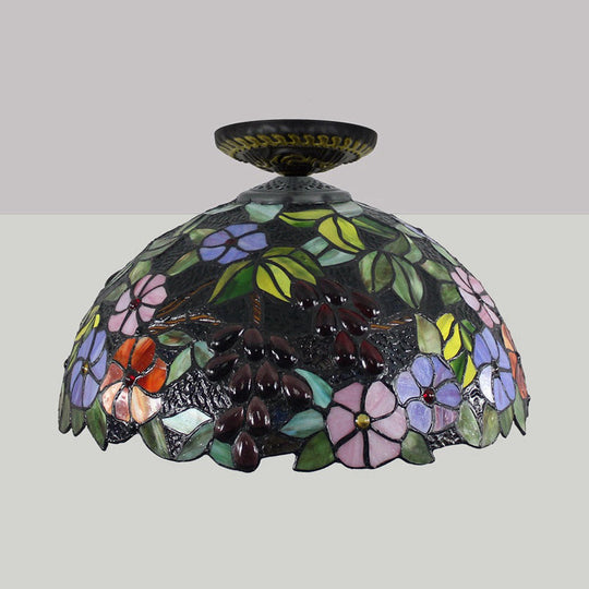 Tiffany 1-Light Stained Glass Blossom Ceiling Lamp- Brass Flushmount, 12"/16" Width