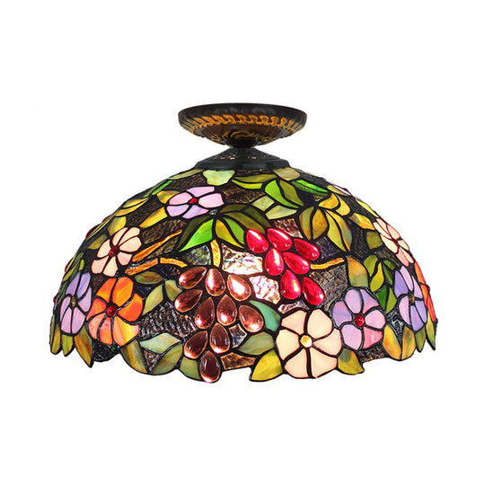 Tiffany 1-Light Stained Glass Blossom Ceiling Lamp- Brass Flushmount, 12"/16" Width