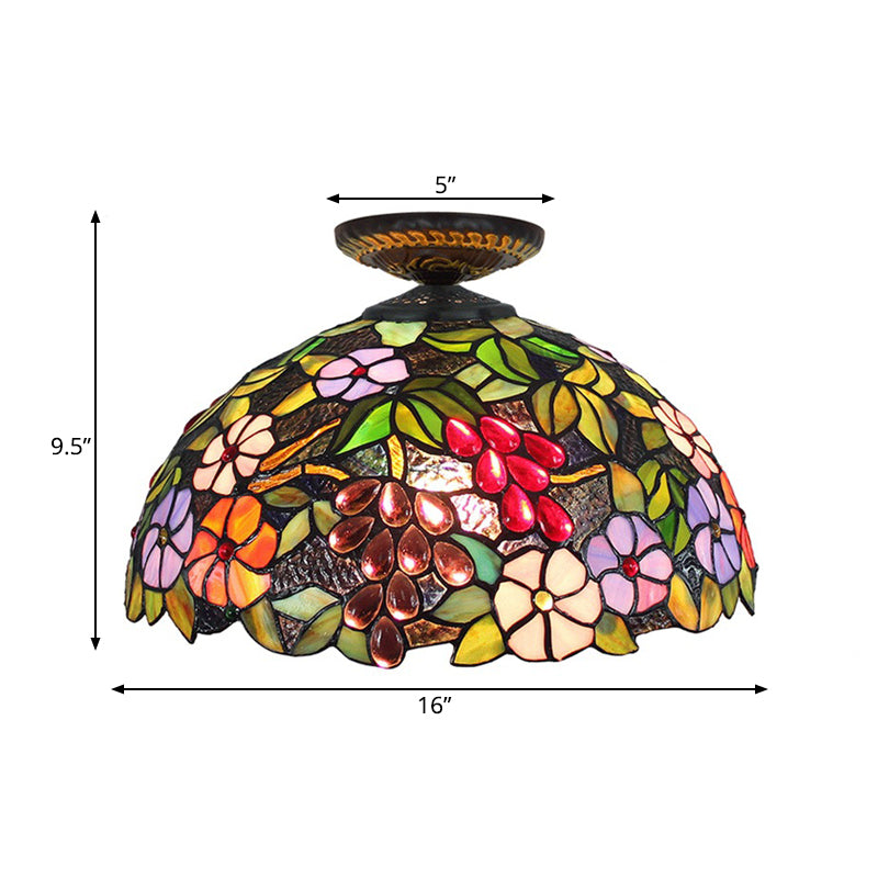 Tiffany 1-Light Stained Glass Blossom Ceiling Lamp- Brass Flushmount, 12"/16" Width