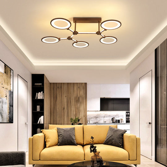 Acrylic Semi Flush Mount Ceiling Lamp - 5 Light Circle Ring Fixture for Contemporary Living Room in Coffee