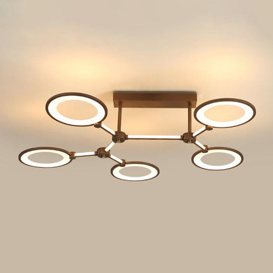 Acrylic Semi Flush Mount Ceiling Lamp - 5 Light Circle Ring Fixture for Contemporary Living Room in Coffee