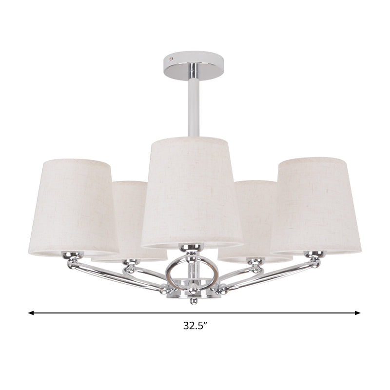 Modern Chrome Barrel Chandelier With 5 Fabric Pendant Lights - Bedroom Lighting Kit