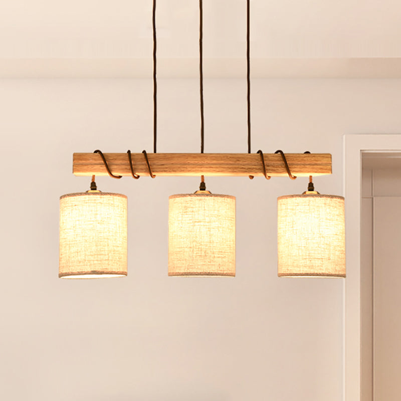 Wooden 3-Head Fabric Island Pendant Light For Modern Dining Rooms