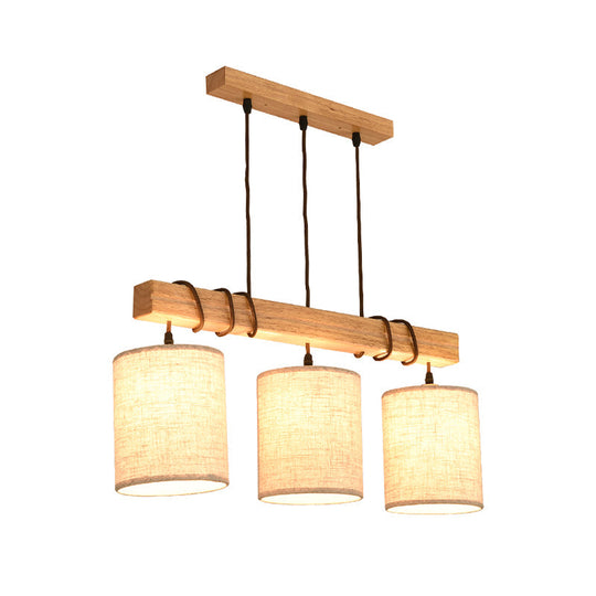 Wooden 3-Head Fabric Island Pendant Light For Modern Dining Rooms