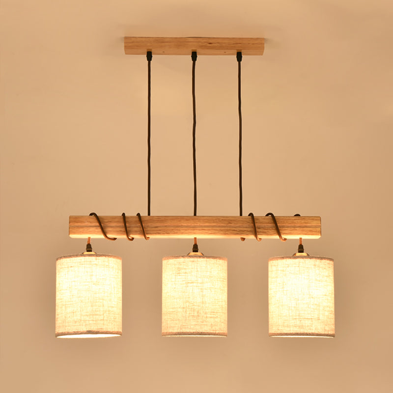 Wooden 3-Head Fabric Island Pendant Light For Modern Dining Rooms