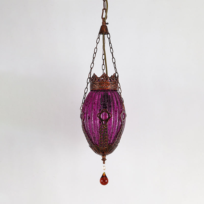 Moroccan Oval Pendant Light: Red/Yellow/Blue Textured Glass Suspension Lamp For Dining Room Purple