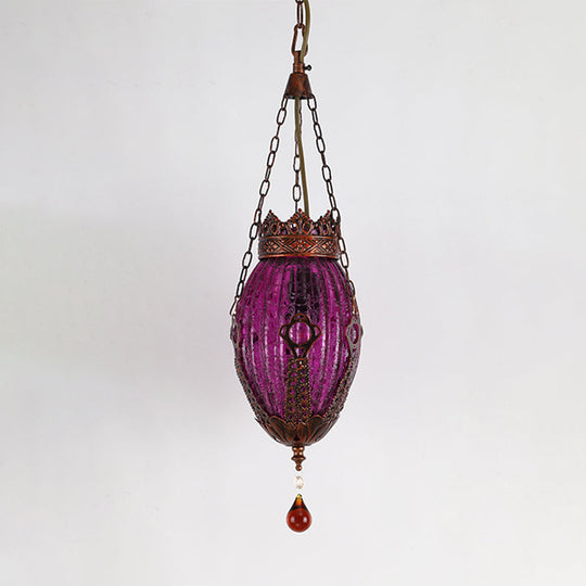 Moroccan Oval Pendant Light: Red/Yellow/Blue Textured Glass Suspension Lamp For Dining Room Purple