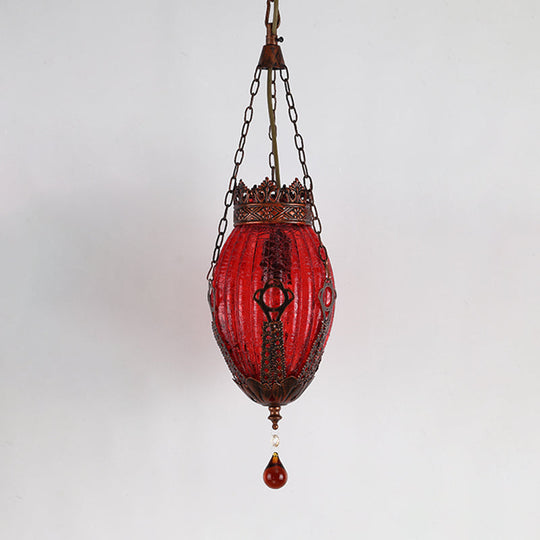 Moroccan Oval Pendant Light: Red/Yellow/Blue Textured Glass Suspension Lamp For Dining Room Red