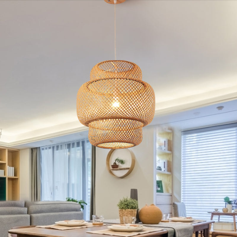 Tiered Dining Room Pendant Light Bamboo 15/19.5 W - 1 Asia Ceiling Lamp Beige