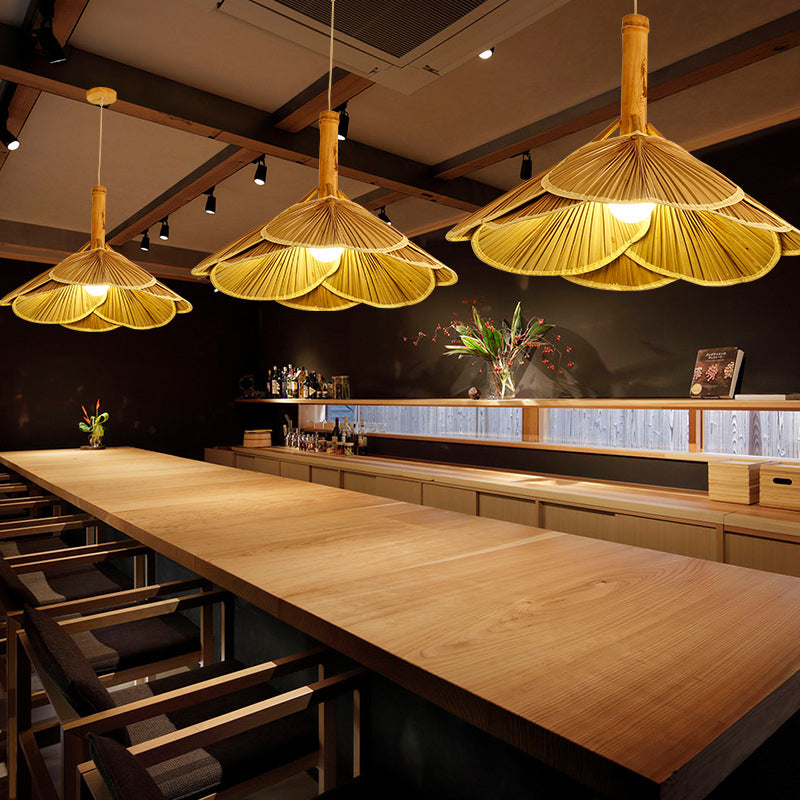 Bamboo Fan-Shaped Pendant Lamp with Wood Finish - Perfect for Dining Rooms, One Light Suspension