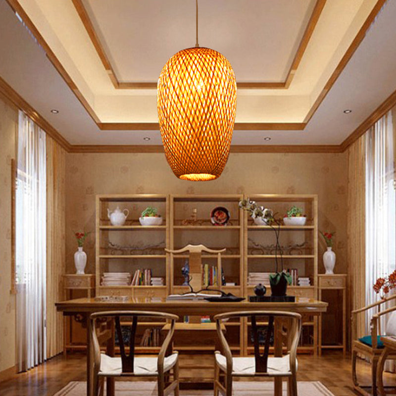 Bamboo Oblong Pendant Ceiling Light - 10/14.5 H 1-Light Asian Style In Beige / 10