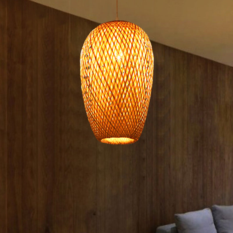 14.5" H Bamboo Oblong Pendant - 1 Light Asia Hanging Ceiling Light in Beige