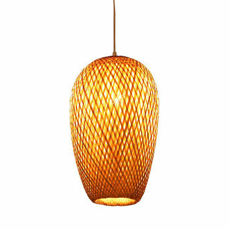 14.5" H Bamboo Oblong Pendant - 1 Light Asia Hanging Ceiling Light in Beige