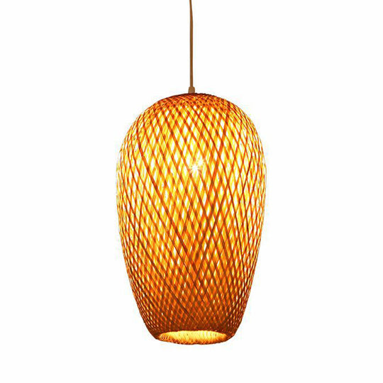 Bamboo Oblong Pendant Ceiling Light - 10/14.5 H 1-Light Asian Style In Beige