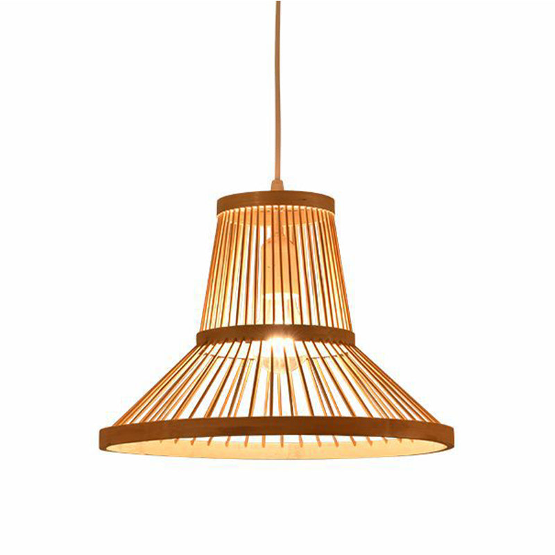 Modern Wood Pendant Lamp with Bamboo Cone Shade for Living Room