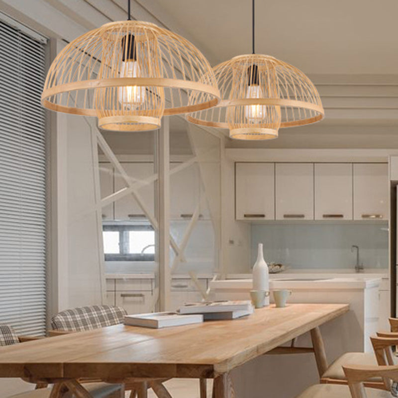 Hemispherical Bamboo Pendant Light: Asia 1-Light Beige Ceiling Fixture