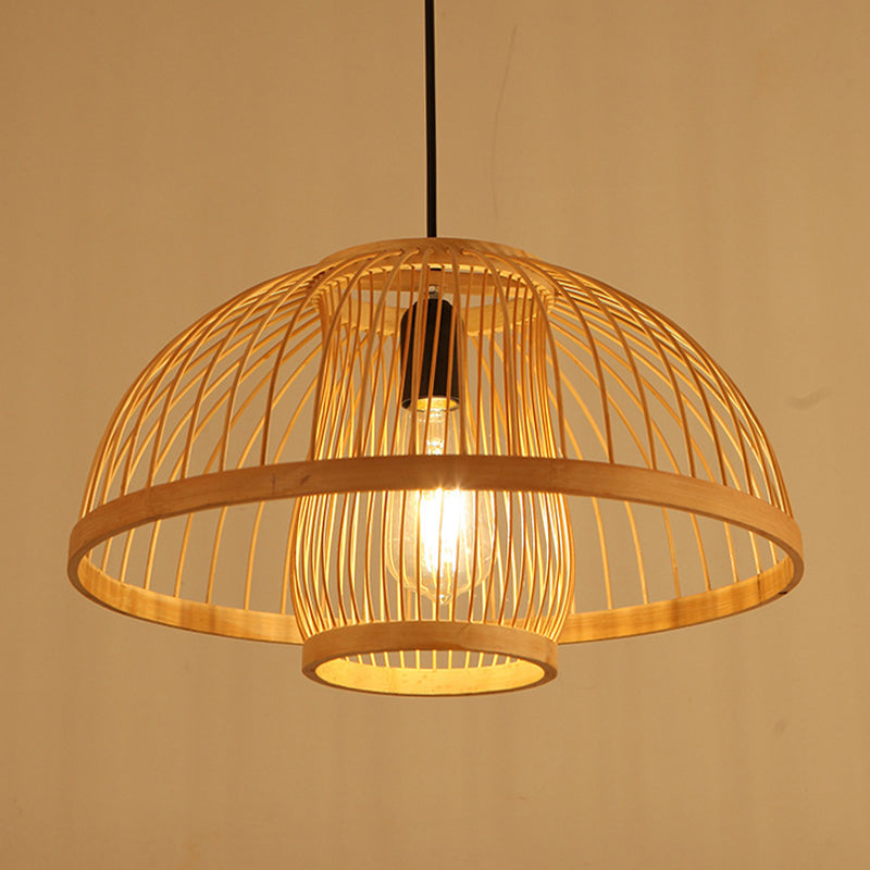 Hemispherical Bamboo Pendant Light: Asia 1-Light Beige Ceiling Fixture