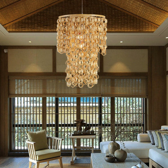 Contemporary Beige Round Ceiling Light With Bamboo Pendant And Tassel Deco