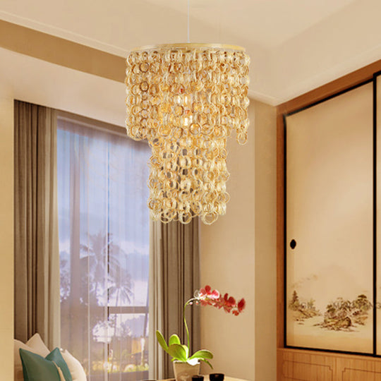 Contemporary Beige Round Ceiling Light With Bamboo Pendant And Tassel Deco