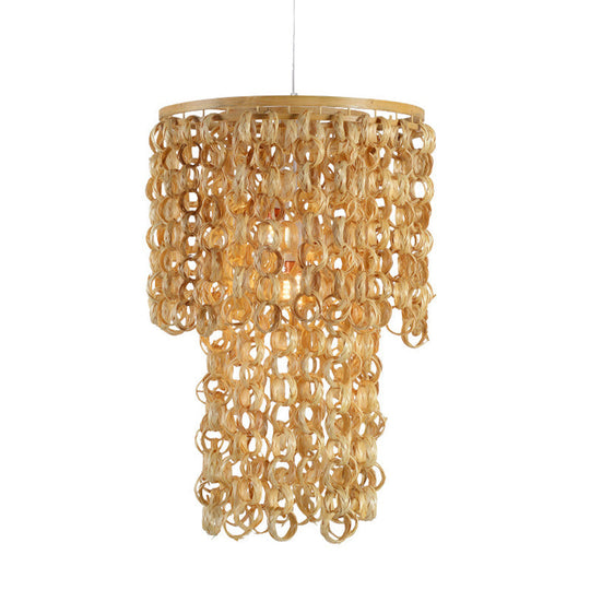 Contemporary Round Beige Bamboo Pendant Ceiling Light with Tassel Deco