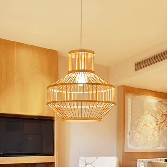 Modern Beige Ceiling Lamp With Round Bamboo Shade - 1 Light Dining Room Pendant