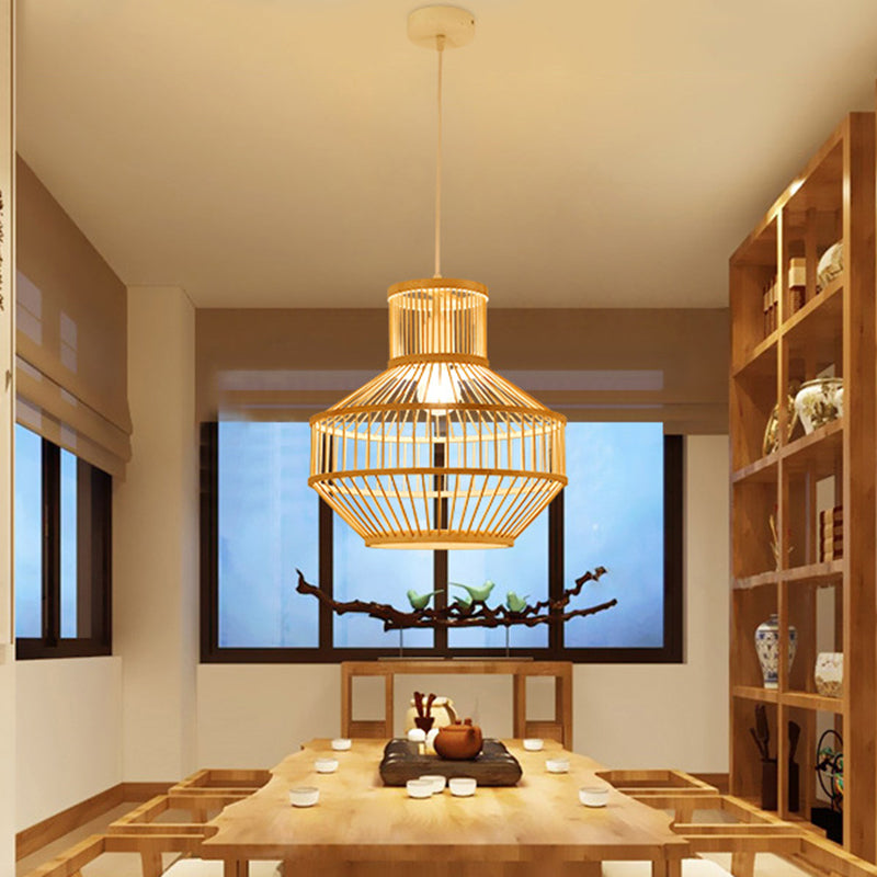 Modern Beige Ceiling Lamp With Round Bamboo Shade - 1 Light Dining Room Pendant