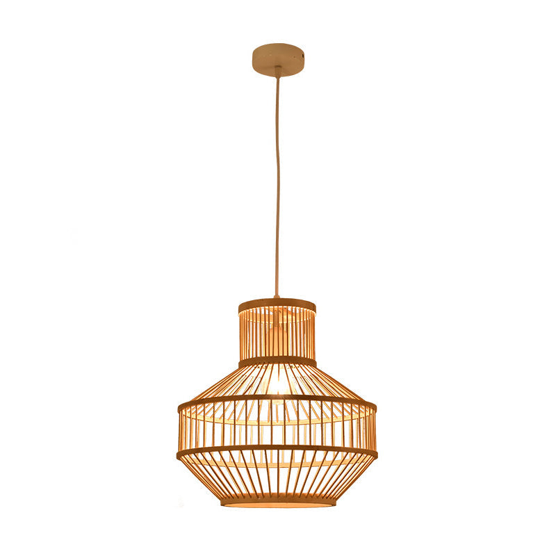 Modern Beige Ceiling Lamp With Round Bamboo Shade - 1 Light Dining Room Pendant