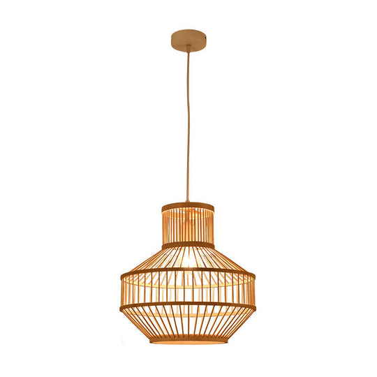 Modern Beige Ceiling Lamp With Round Bamboo Shade - 1 Light Dining Room Pendant