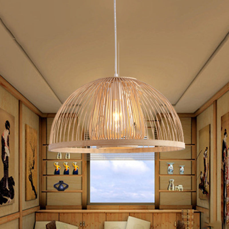 16"/19" Modern Bamboo Domed Ceiling Pendant Light - 1 Light Beige Hanging Lamp Kit