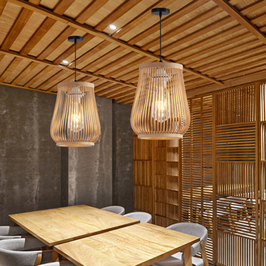 Modern Bamboo Pendant Light in Beige: Barrel Style Down Lighting for Dining Room