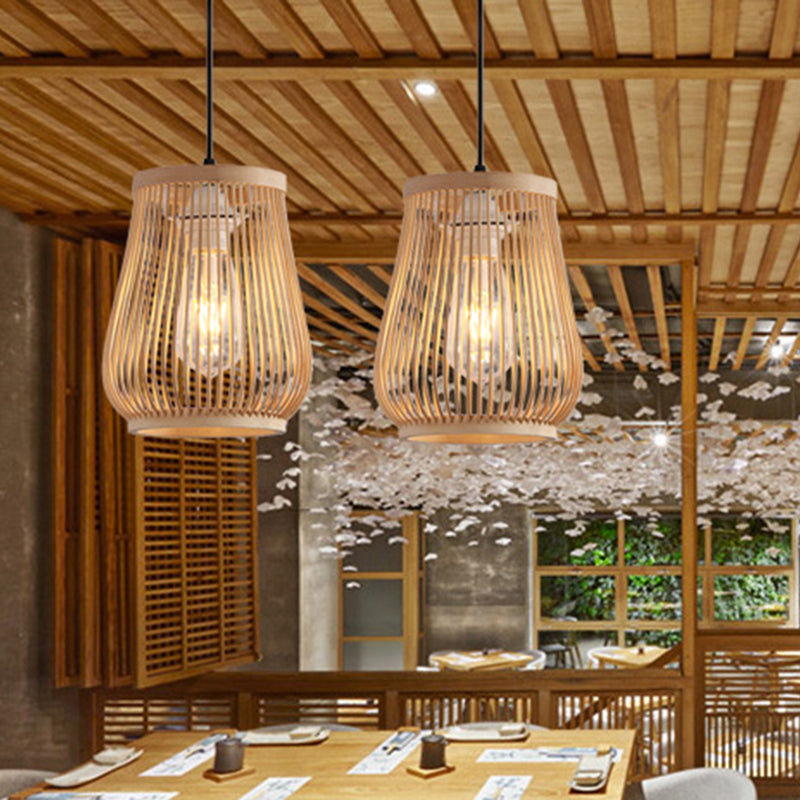 Bamboo Pendant Light - Modern Barrel Design For Dining Room With Down Lighting In Beige