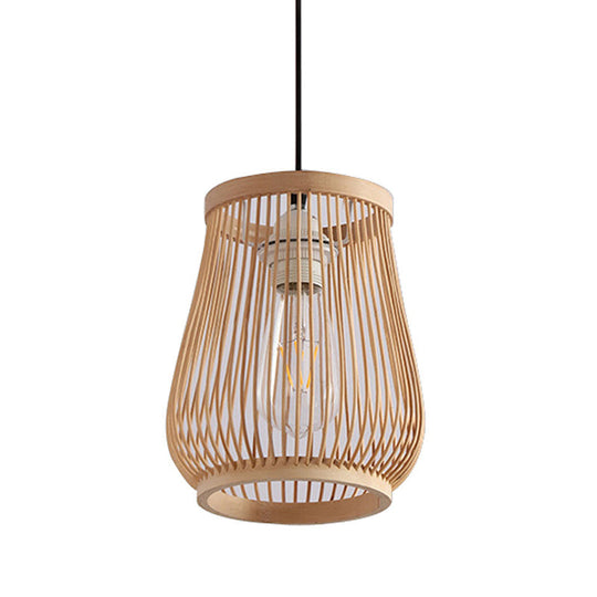 Bamboo Pendant Light - Modern Barrel Design For Dining Room With Down Lighting In Beige