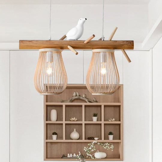 Dining Room Pendant Beige Hanging Lamp With Bamboo Barrel Shade