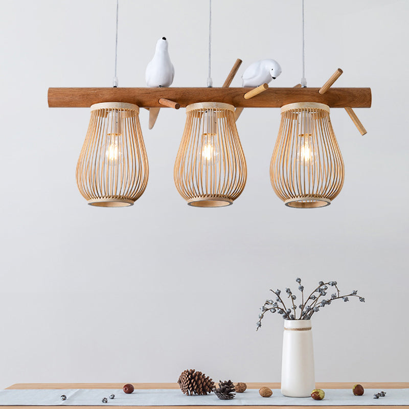 Dining Room Pendant Beige Hanging Lamp With Bamboo Barrel Shade 3 /